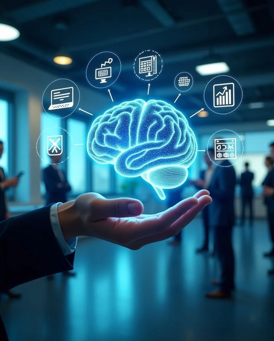 Glowing digital brain above an open hand in a modern office, representing AI