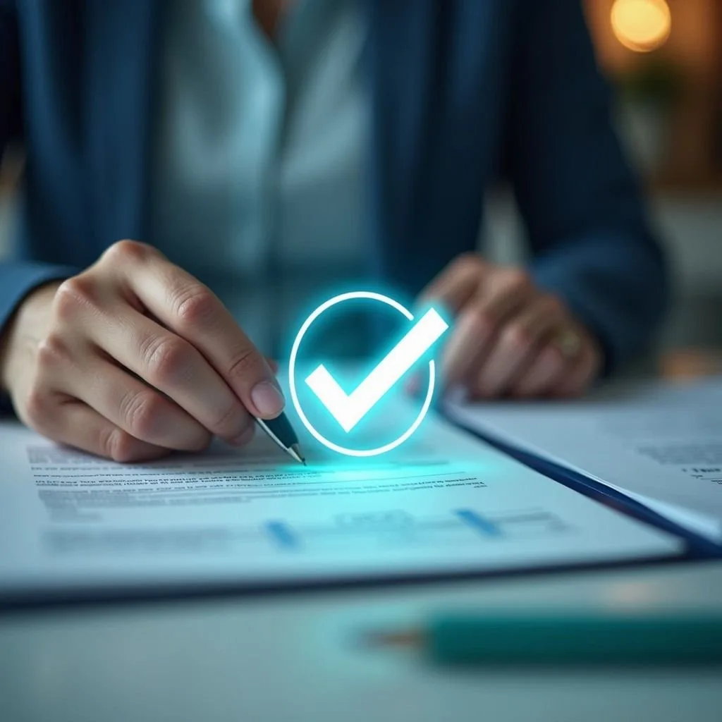 Hand signing a document next to a glowing approval check mark