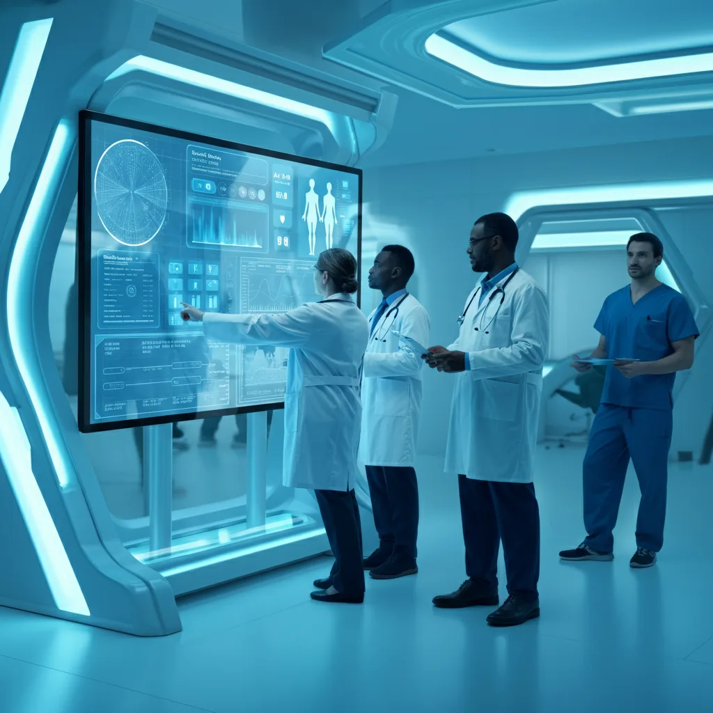 Doctors and healthcare staff reviewing a large digital display in a futuristic room