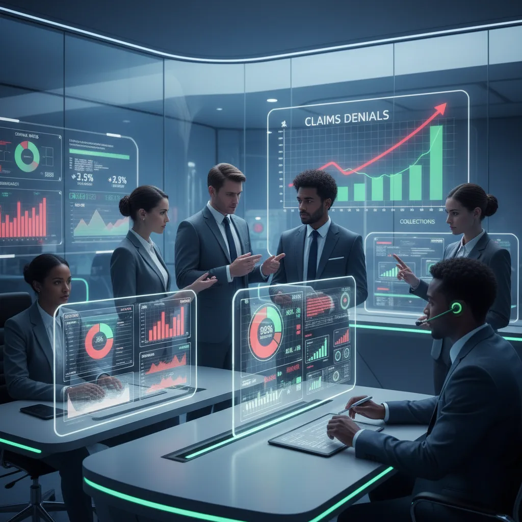 Team reviewing data on large wall screens