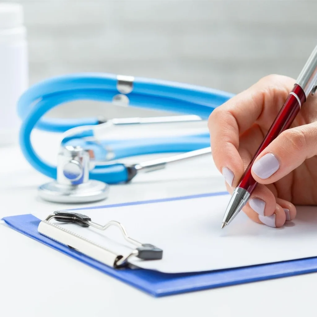 Doctor writing on a clipboard next to a stethoscope