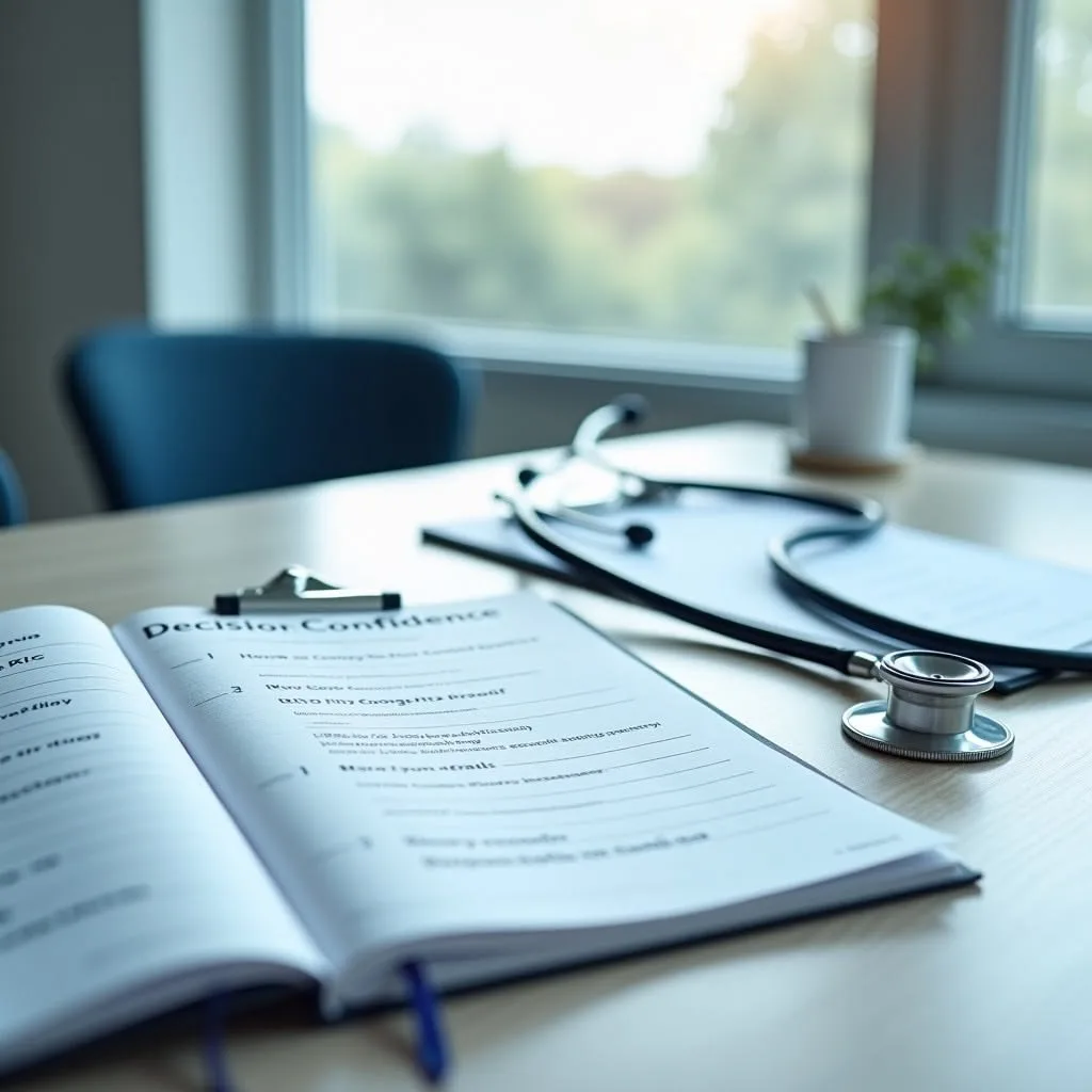Stethoscope and an open binder of medical forms on an office desk