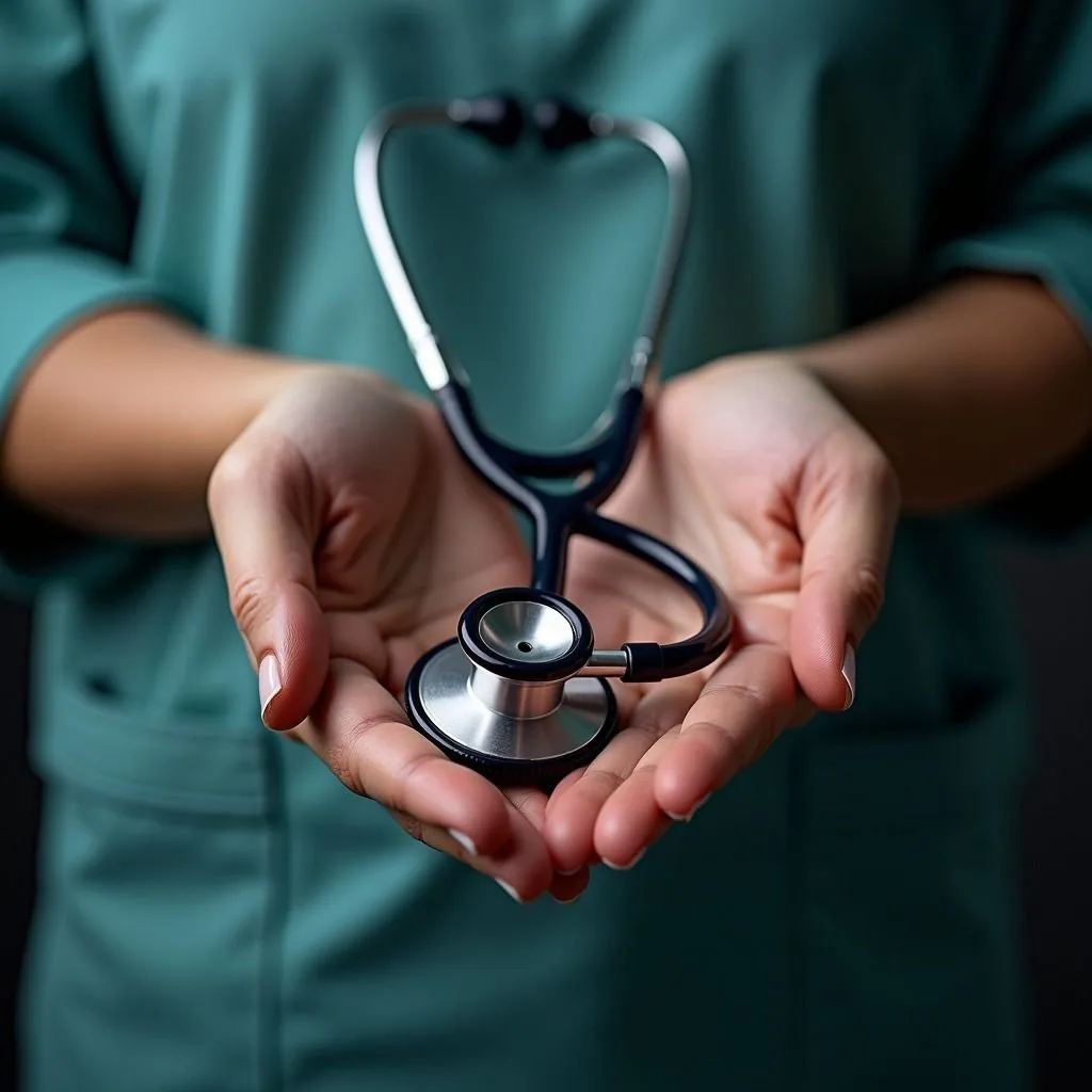 Healthcare worker holding a stethoscope in open hands