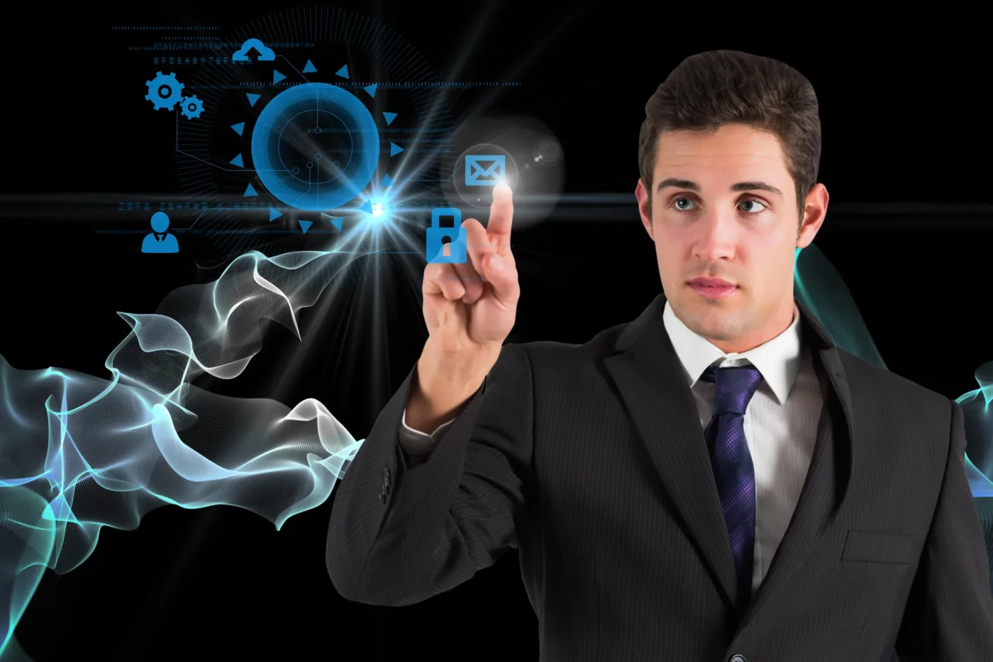 Businessman touching a glowing digital interface