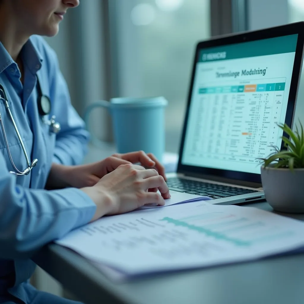 Healthcare worker reviewing a billing spreadsheet on a laptop