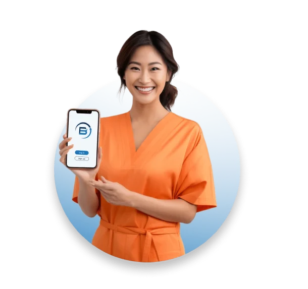 Smiling healthcare worker in orange scrubs holding a phone showing the Billing Benefit logo